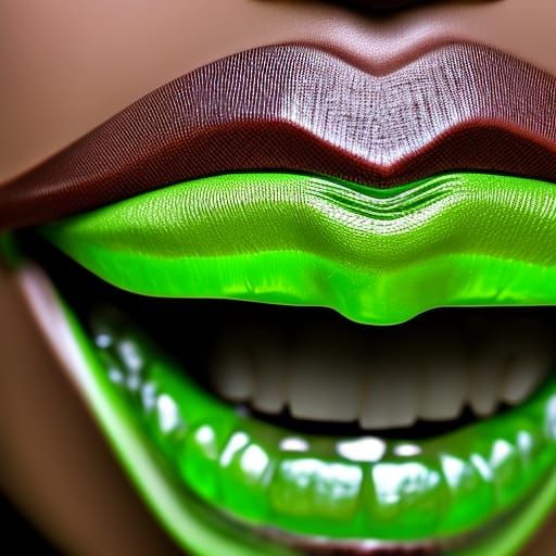 Green Lips and White Teeth: Hyperrealistic Close-Up