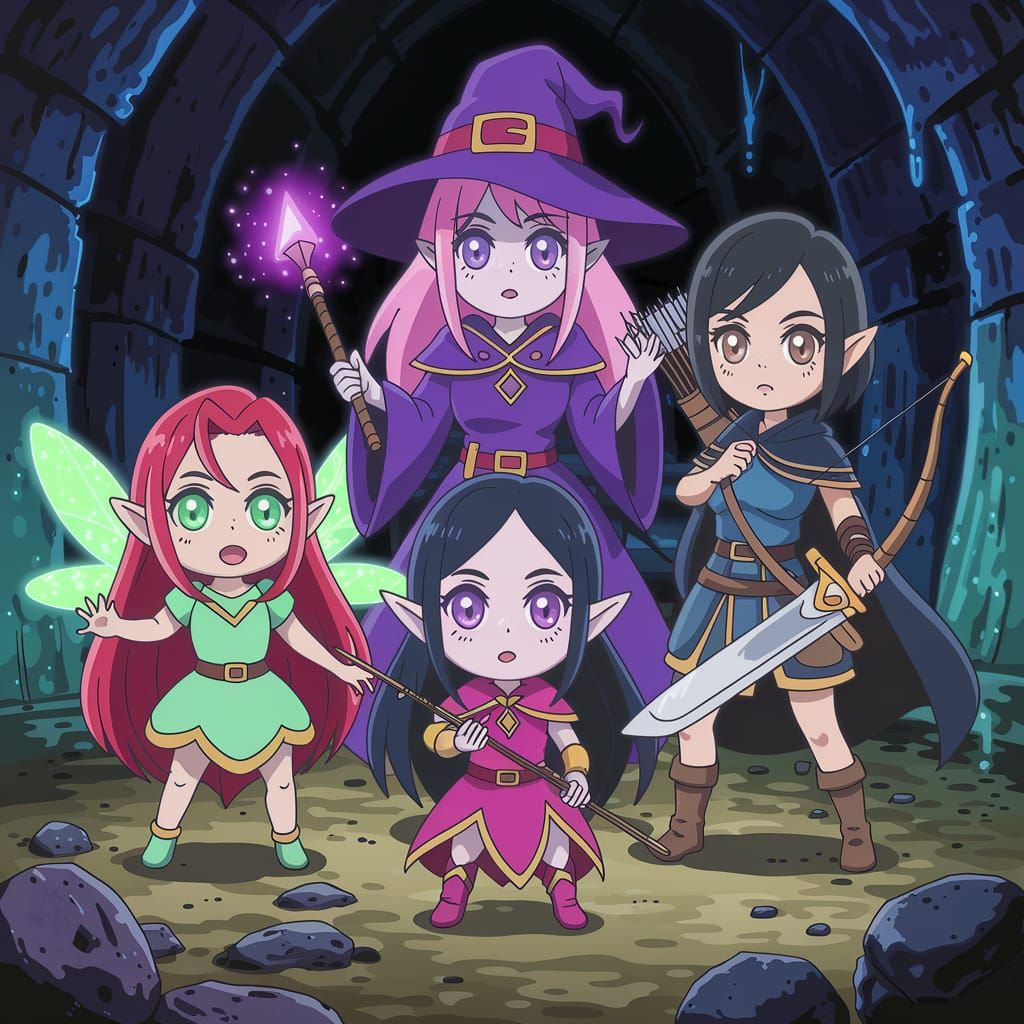 Anime Fantasy Character Group in Dungeon