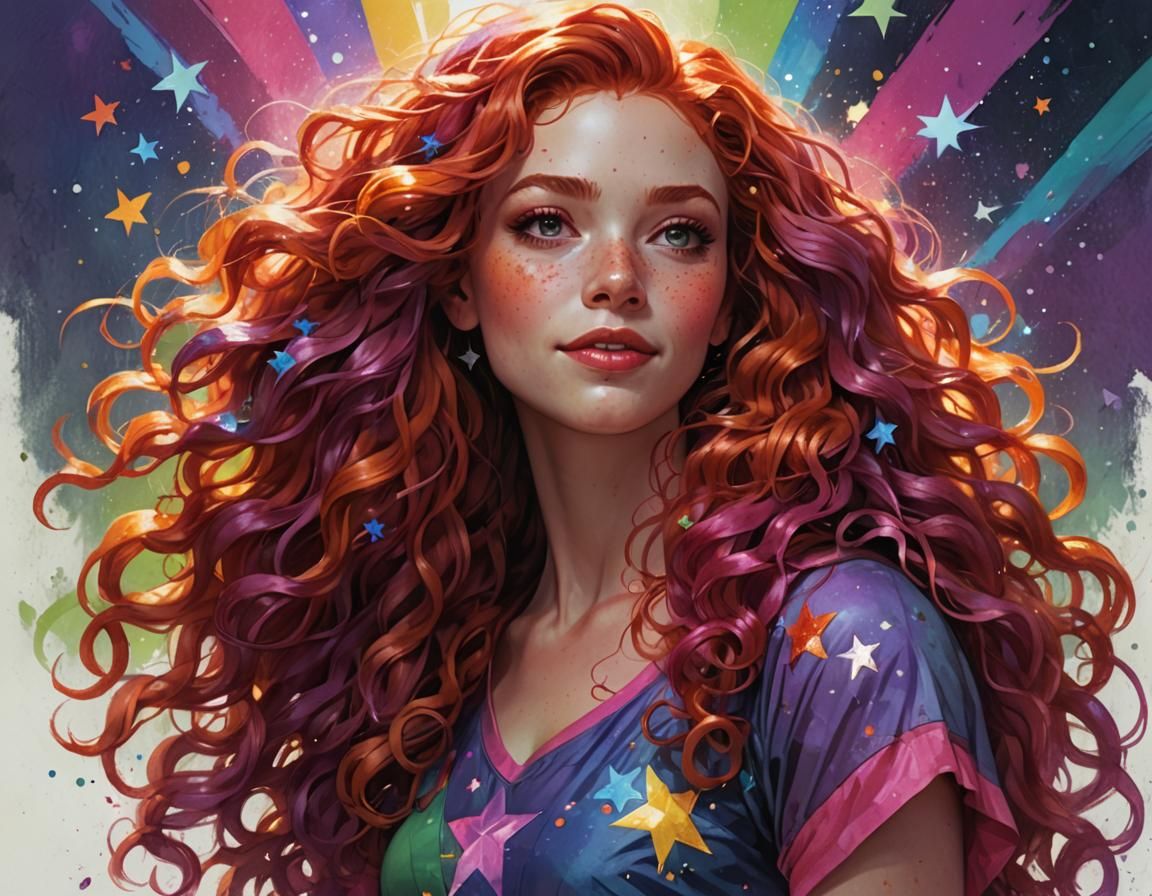 Rainbow Girl Portrait in Neon City, Digital Art