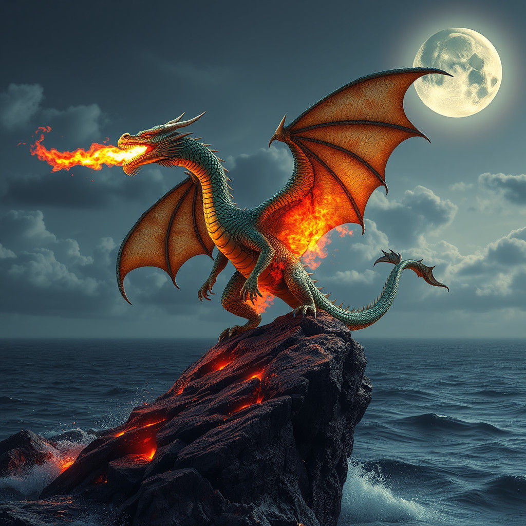 Fiery Dragon Above Moonlit Sea in Hyper-Realistic Style
