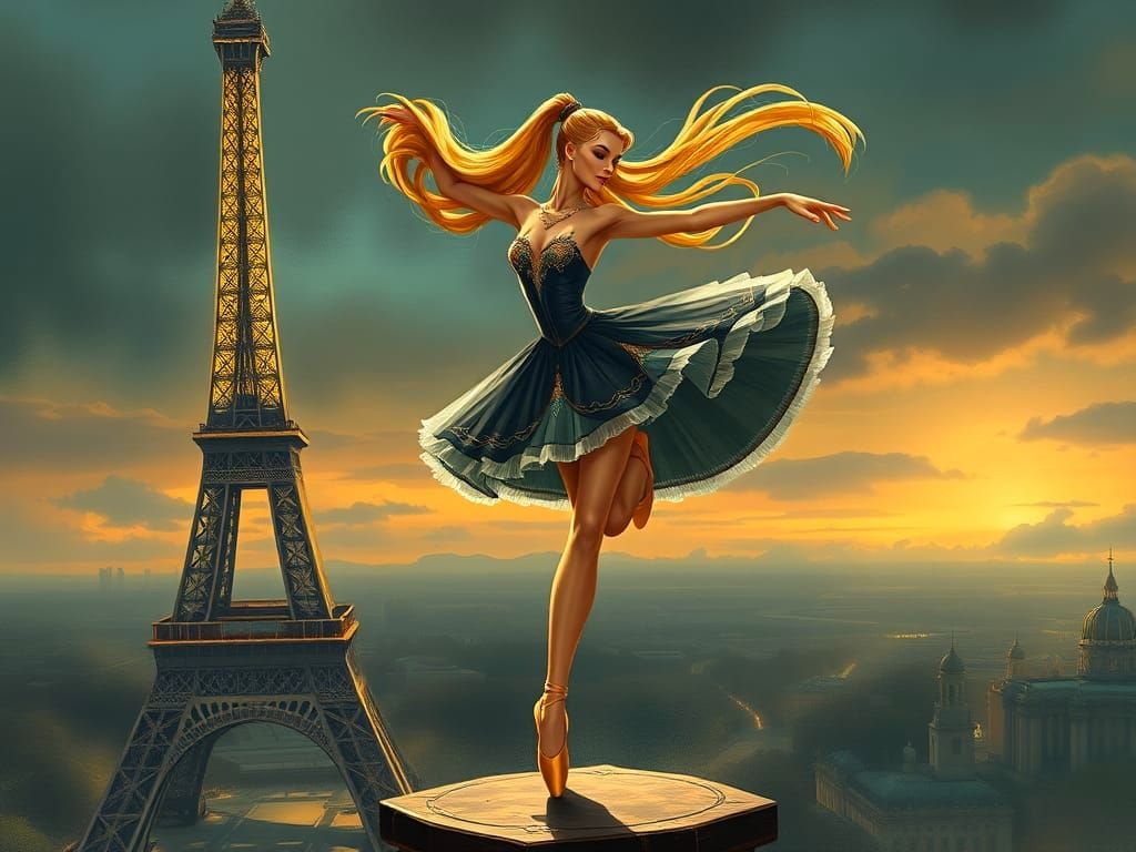 Elegant Ballerina Dances on Eiffel Tower in Intricately Deta...
