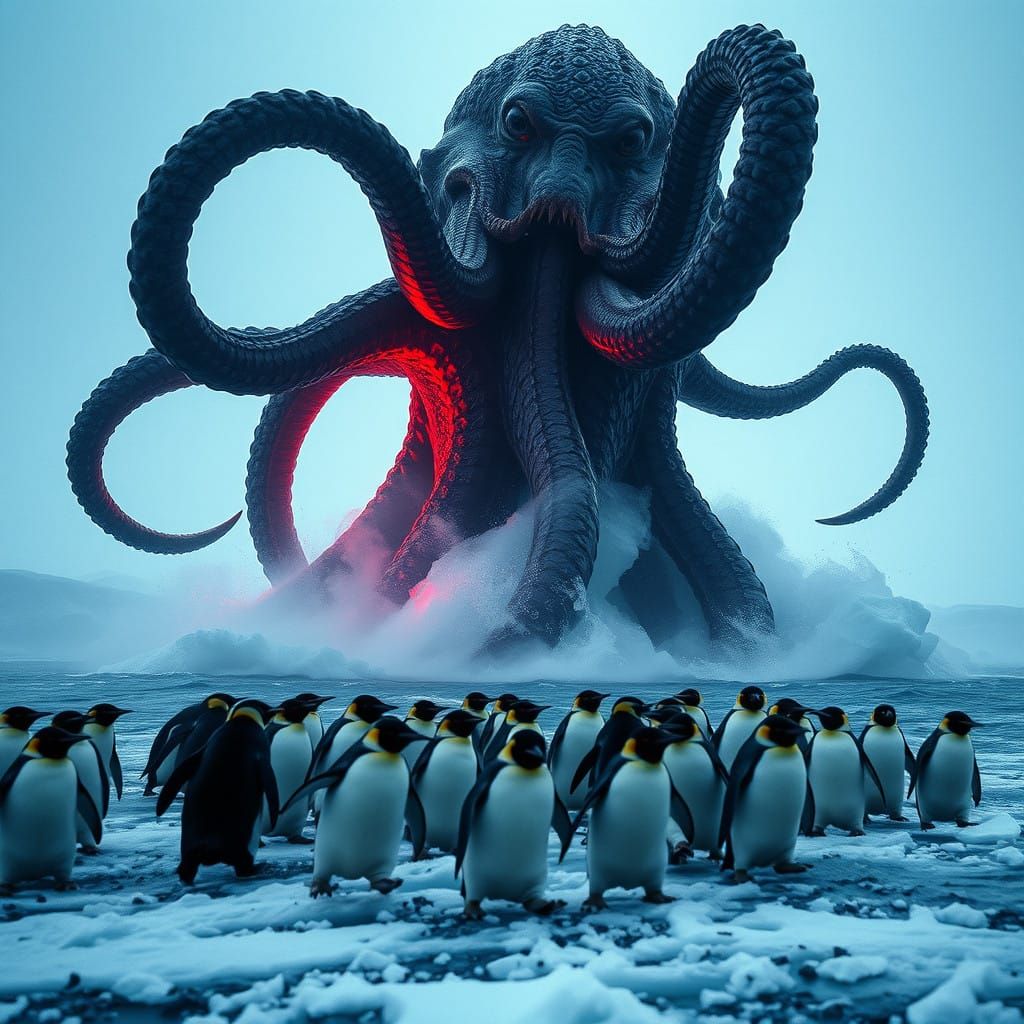 Kraken vs Fleeing Penguins in a Stormy Antarctic Landscape