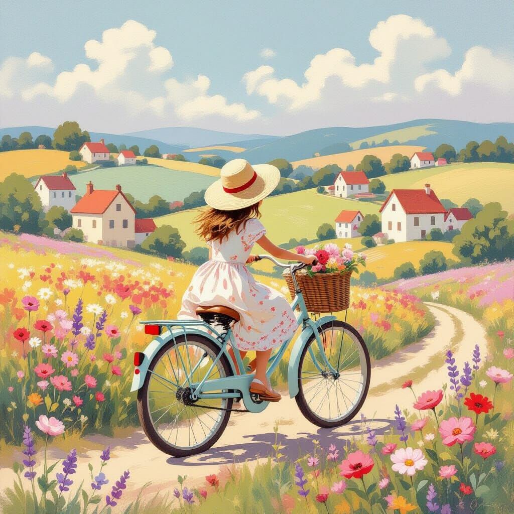 Whimsical Landscape with Girl on Bicycle
