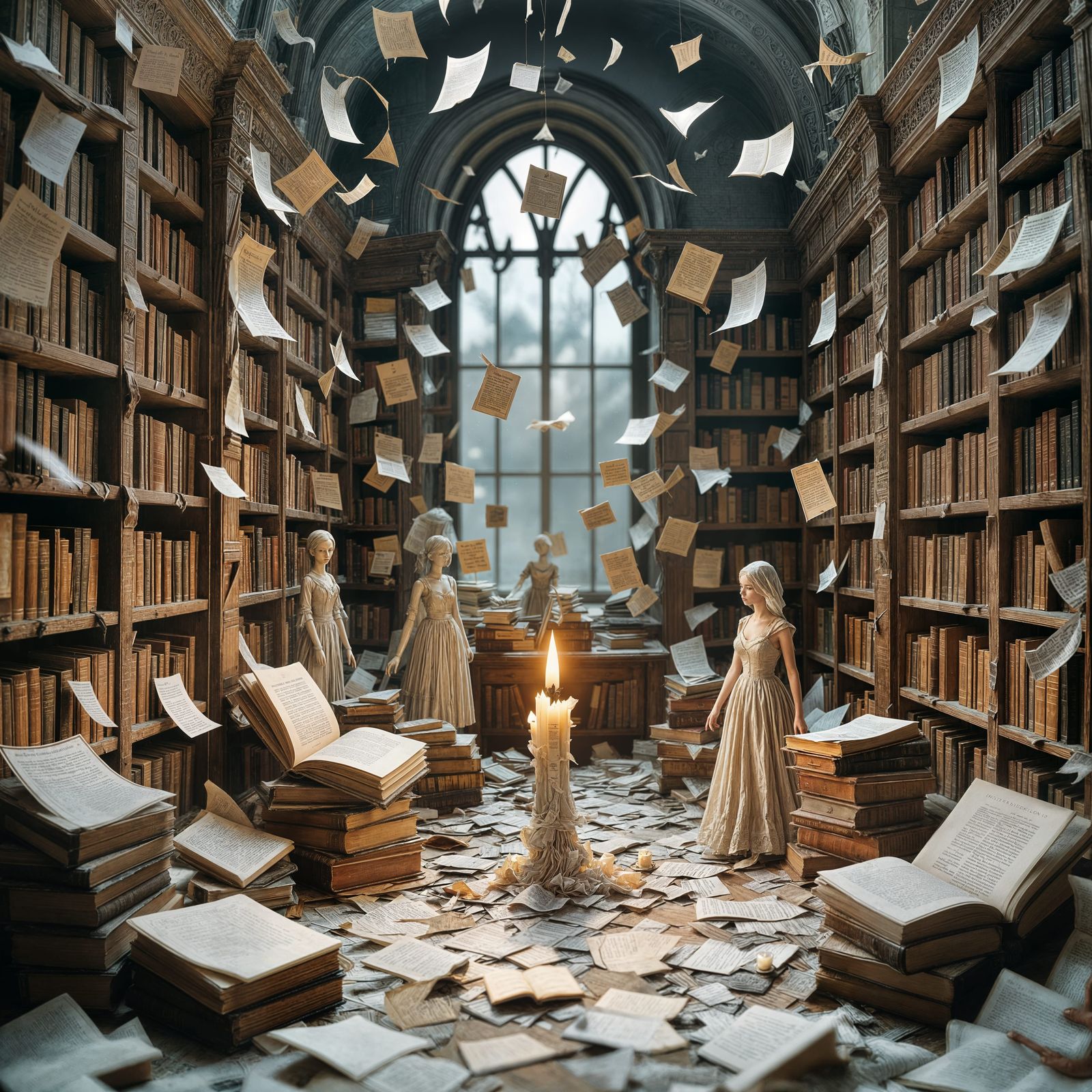 Abandoned Paper Library Diorama: Spectral Figures and Shadow...
