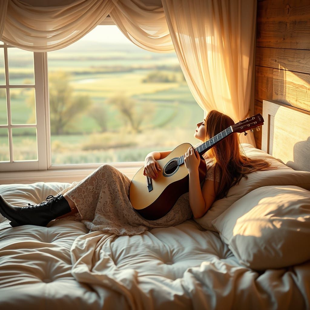 Dreamy Young Woman Reclines on Plush Bed, Gazing at Spring C...