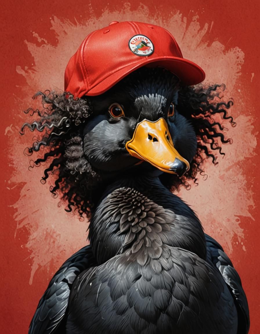 Cartoon Duck Portrait with Afro and Baseball Cap