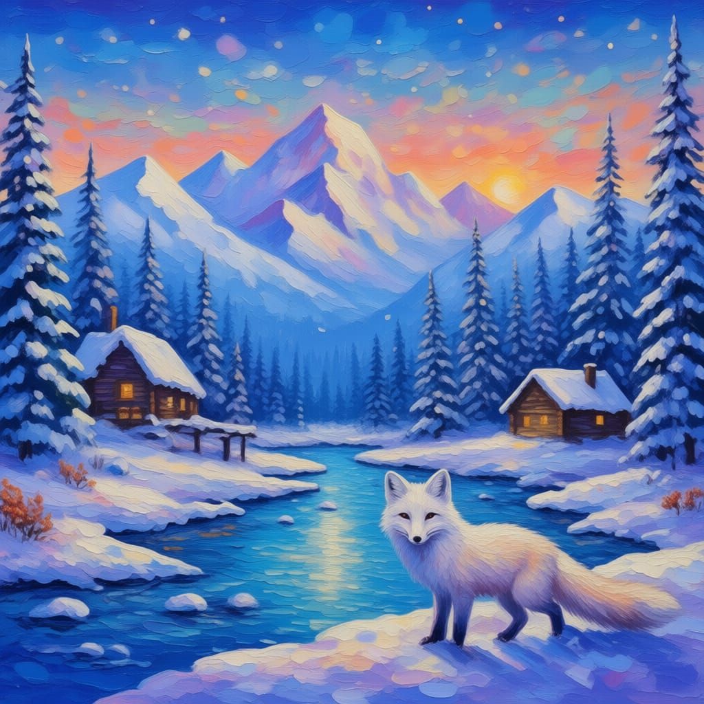 Alaskan Winter Landscape with River and Foxes in Bob Ross St...