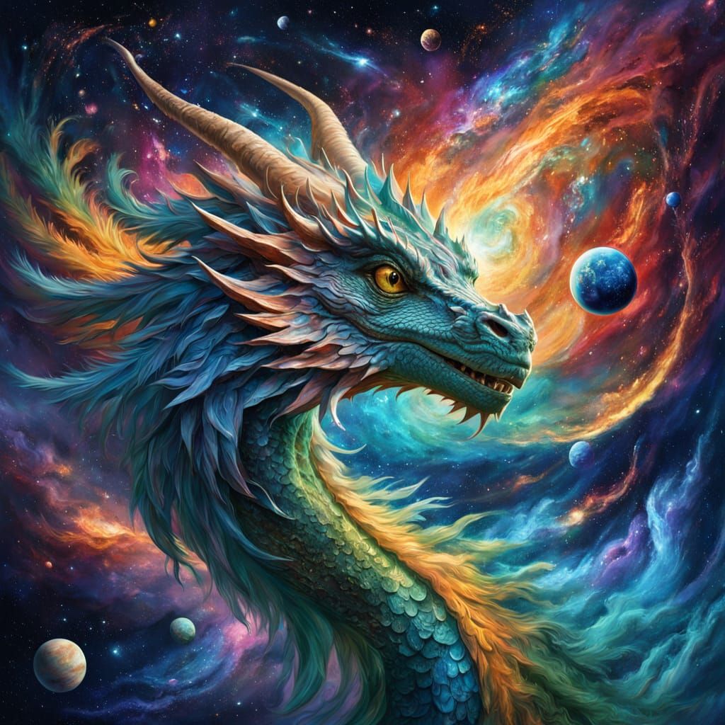 Surreal Oil Painting of a Feathered Dragon in Cosmic Space