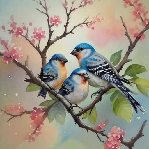 Finches in Nest: Impressionist Gouache Watercolor
