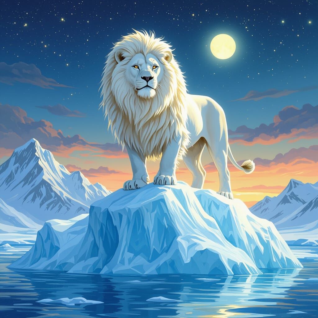 White Lion on Iceberg in Atmospheric Lighting