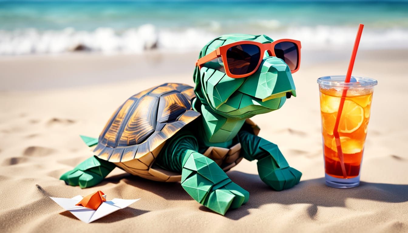 Origami Turtle Chilling on a Paper Beach