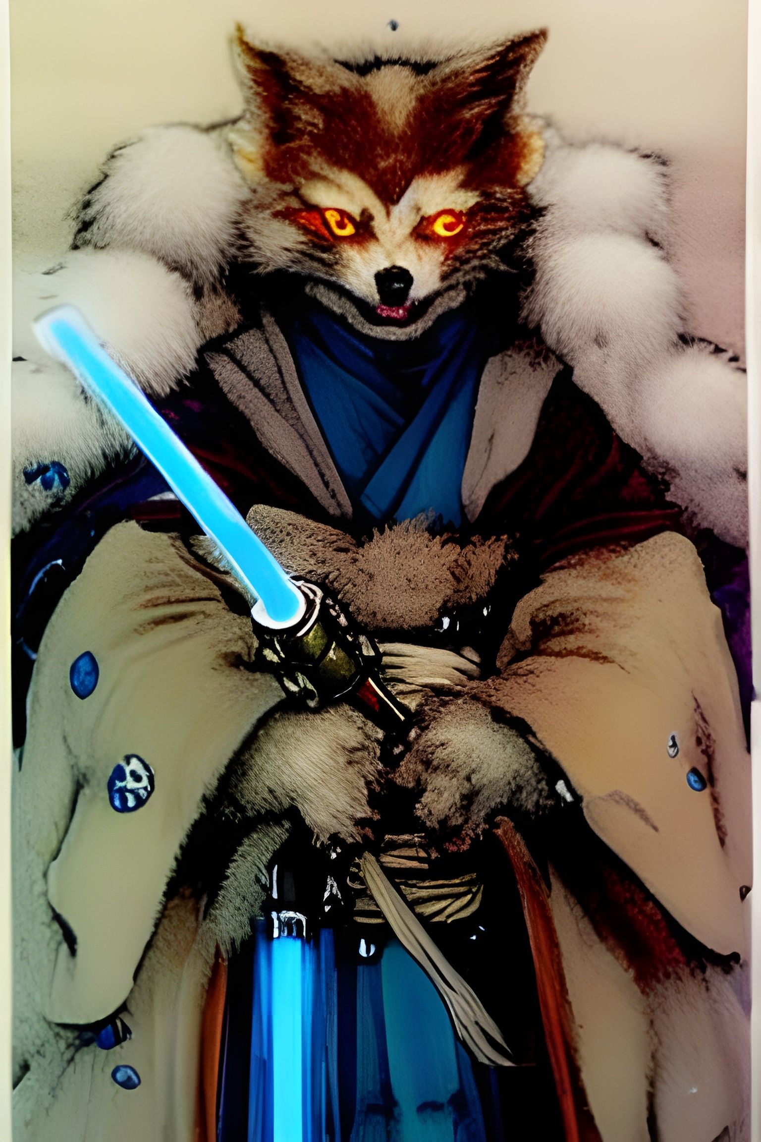 Detailed Portrait of a cute possessive evil kitsune Jedi warrior with fluffy white fur and big glowing blue eyes holding...