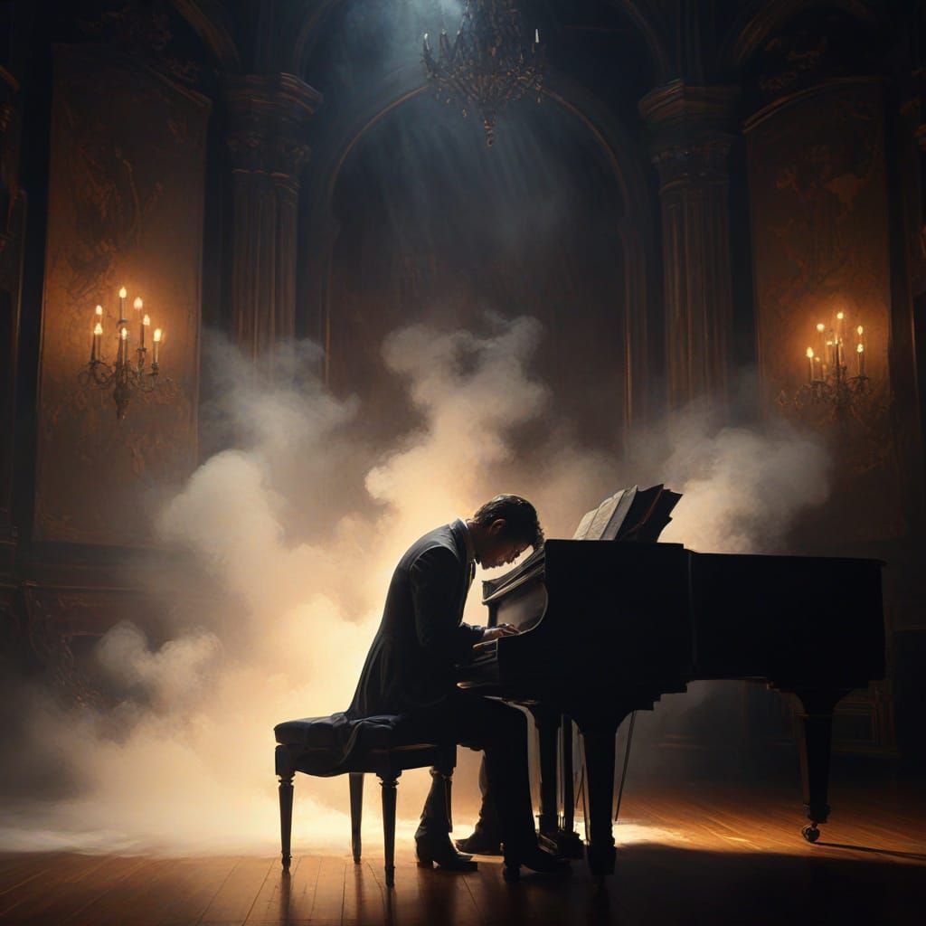 a man dressed in gothic clothing, playing the piano to a sof...