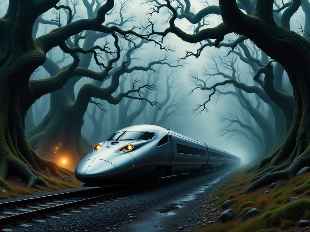Surreal Train Speeds Through Haunting Forest of Twisted Tree...