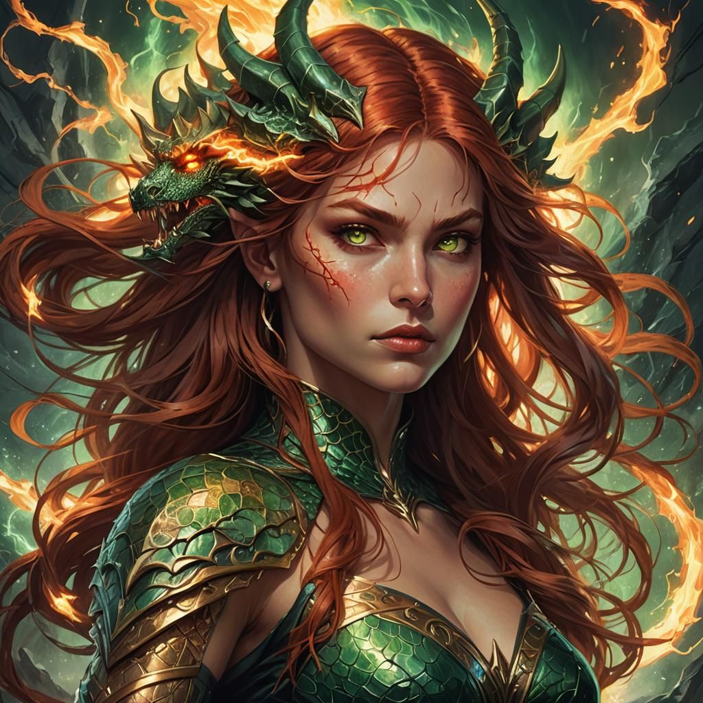 Fiery Half-Demon Woman Portrait in Artgerm Style