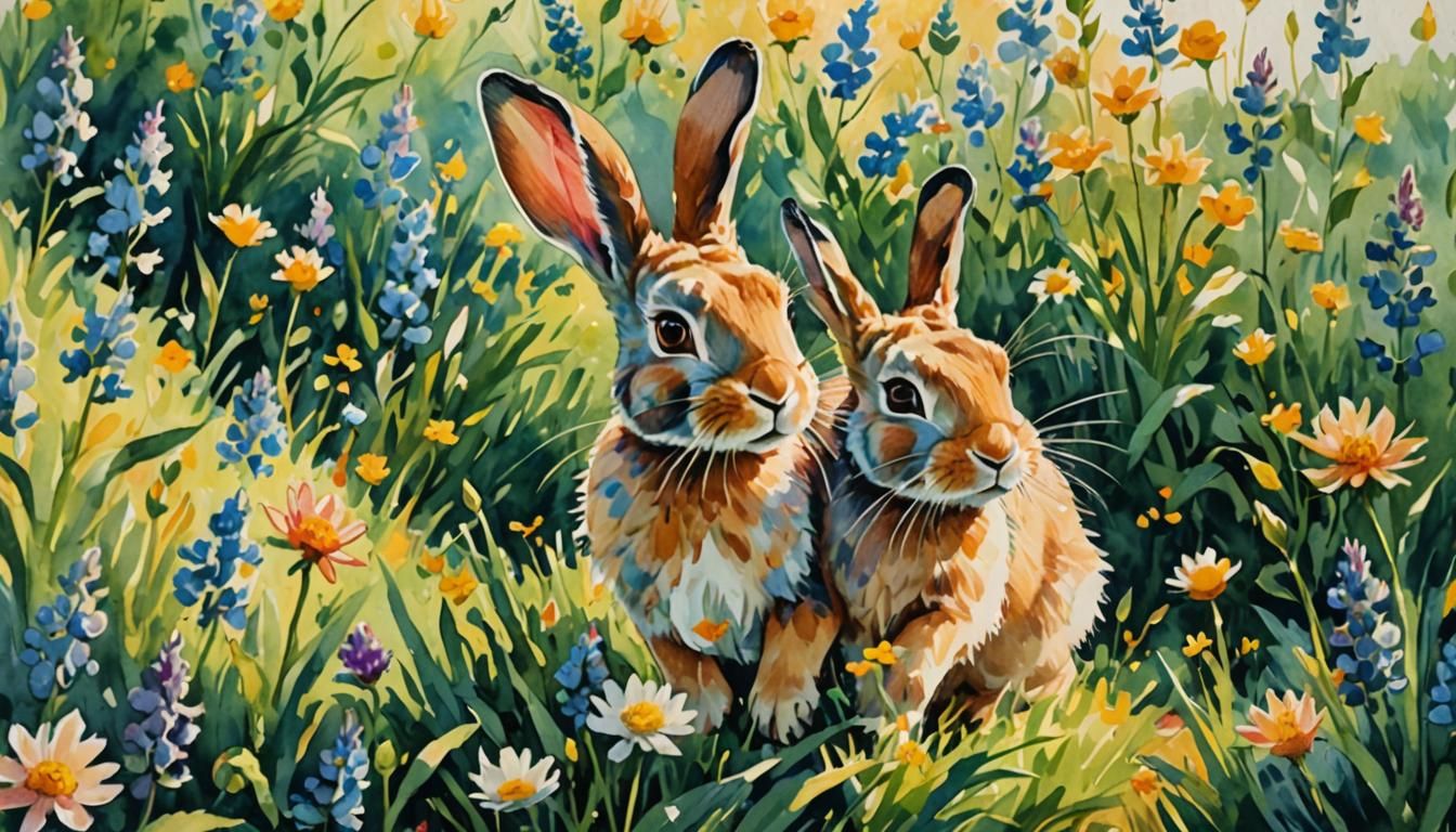 Rabbit's Joyful Hop: Whimsical Watercolor Impression