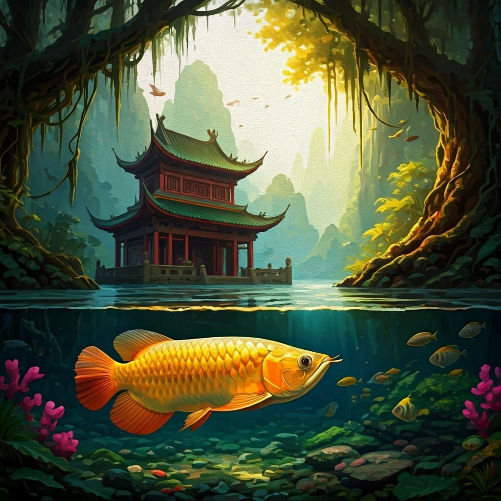 Golden Arowana in Flooded Rainforest Oil Painting