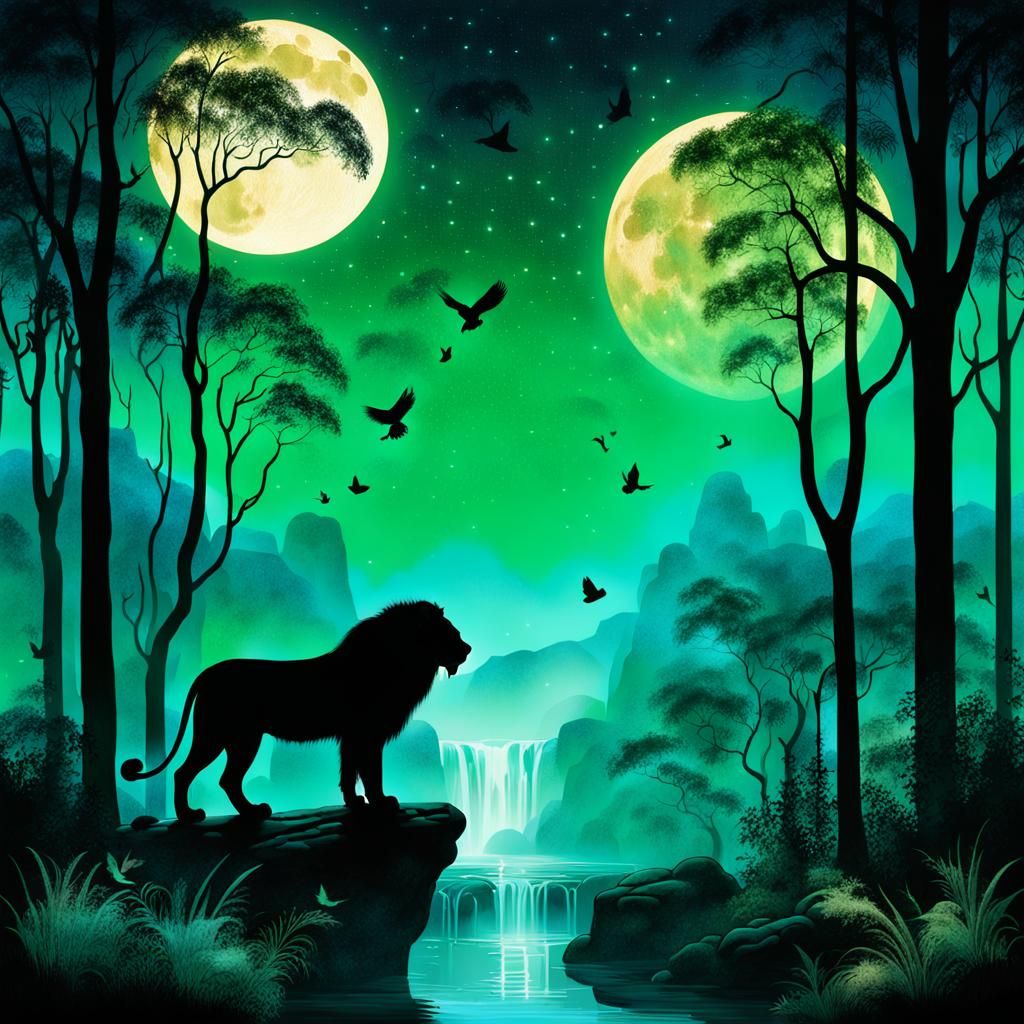Emerald Forest Lion: Surrealist Fantasy Landscape