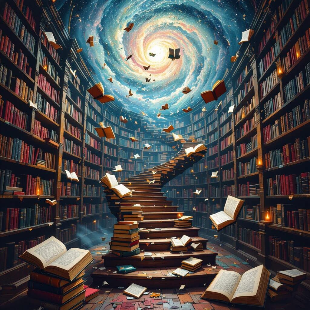 Surreal Endless Library with Flying Books in Graffiti Style