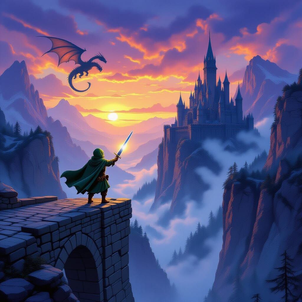 Epic Hobbit Landscape with Dragon, Fantasy Illustration