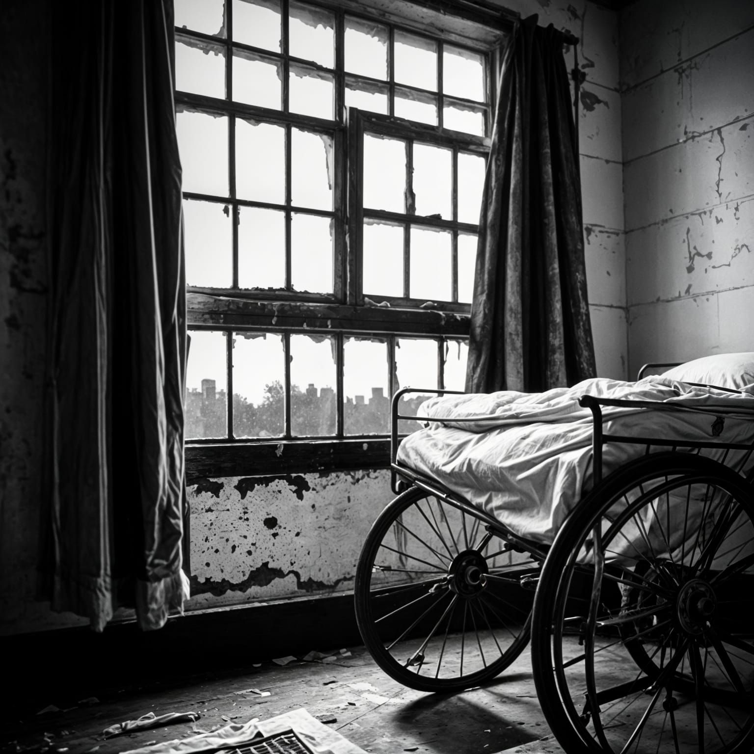 Eerie Asylum Interior in Black and White