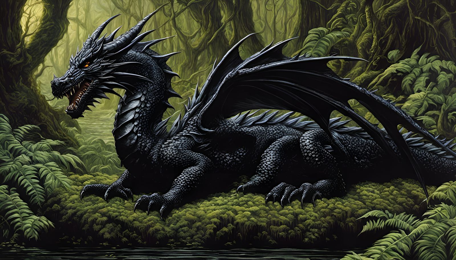 Black Dragon in Swamp: 90s Fantasy Art