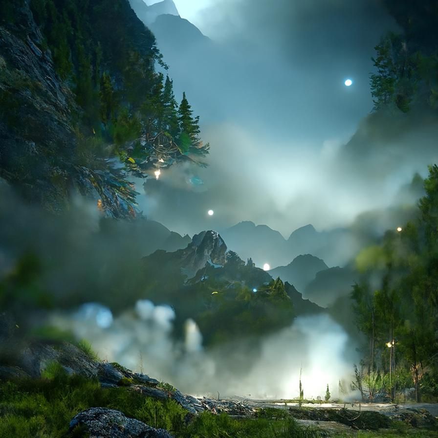 Ethereal Night: Majestic Mountains in Light Mist