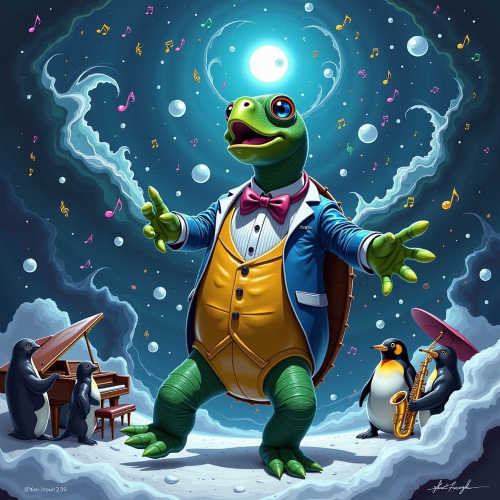 Singing Turtle Concert in Antarctica: Whimsical Dreamscape