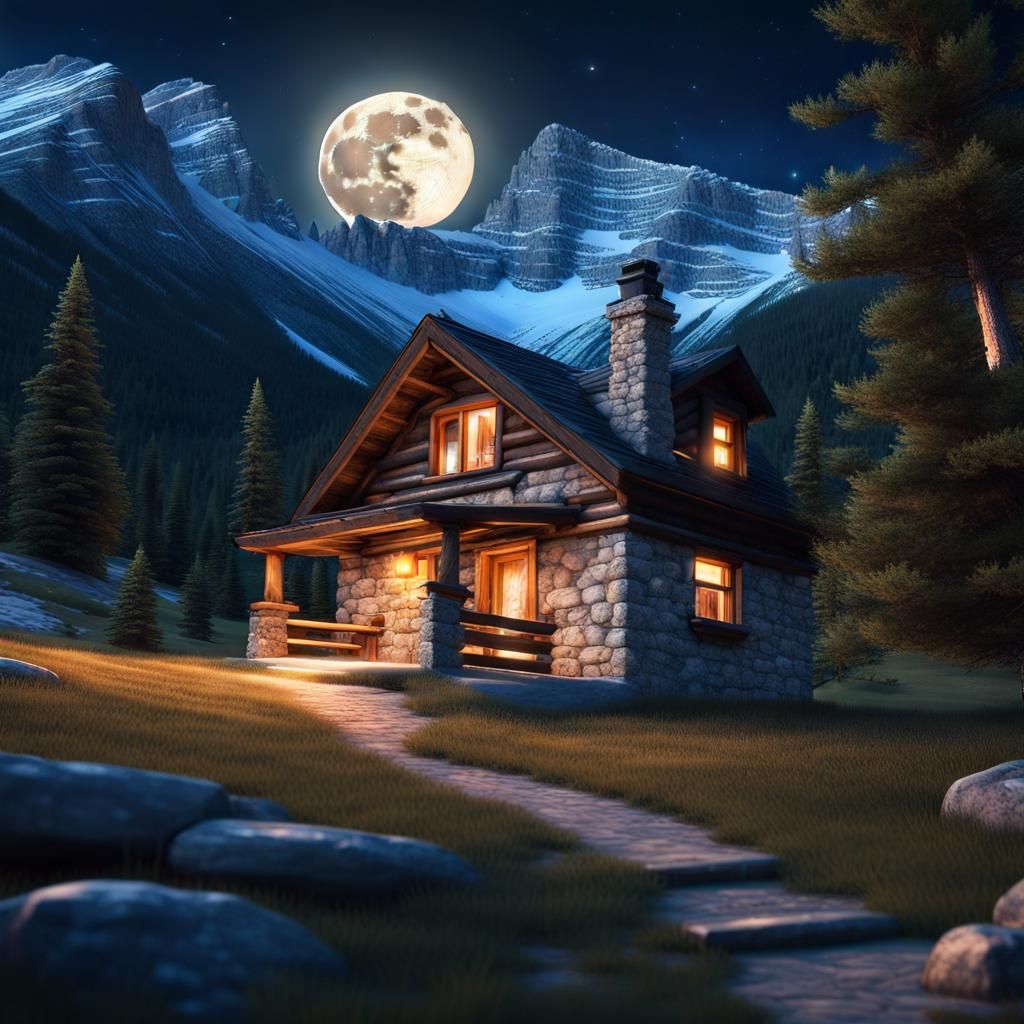 Cozy Stone Cabin in Canadian Rockies at Night