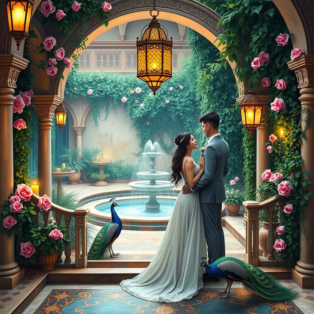 Romantic Spanish Patio with Majestic Staircase and Peacocks