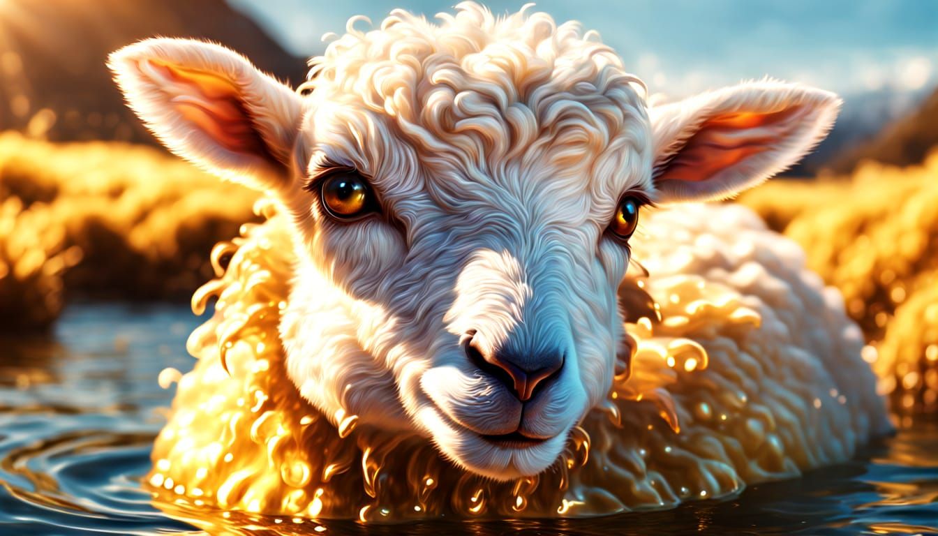 Lamb Swimming in Golden Honey, Hyperrealistic Splash Art