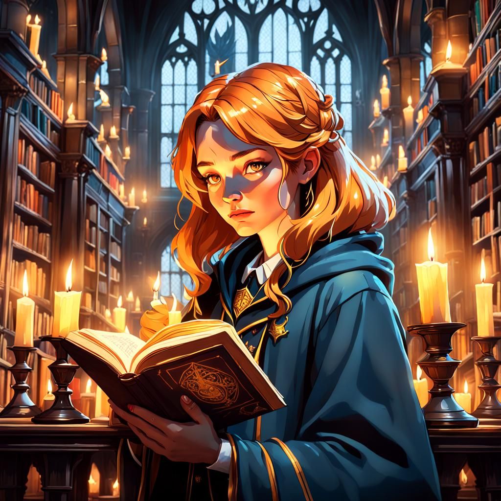 Candlelit Reading Portrait in Hogwarts Library