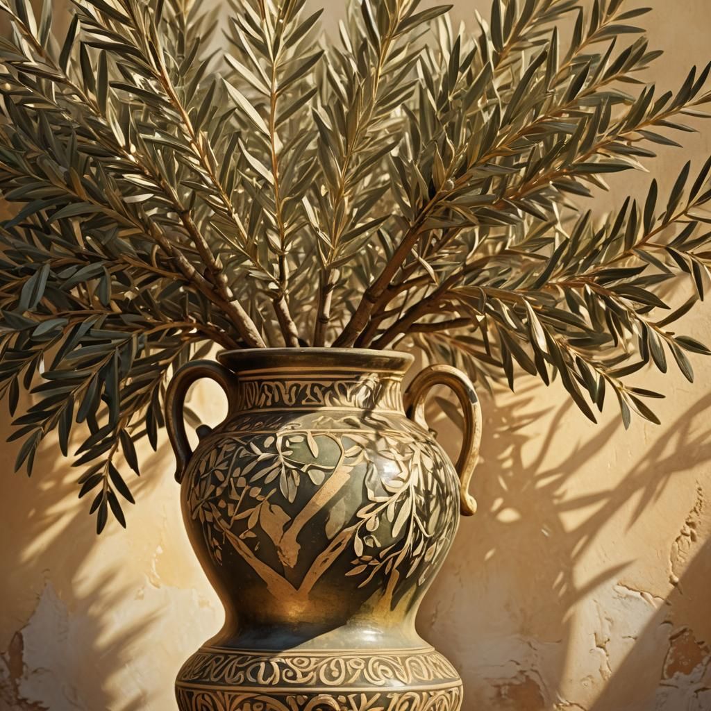 Olive Tree in Amphora Vase: Photorealistic Digital Painting