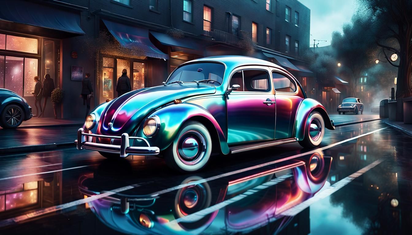a detailed, Futuristic car,VW bug like shape, sleek ,long, w...