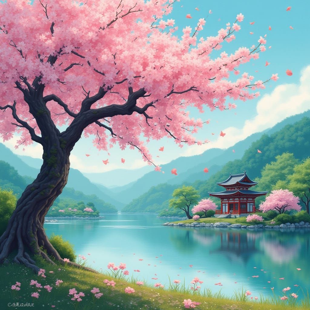 Cherry Blossom in Japanese Landscape, Dreamy Whimsical Style