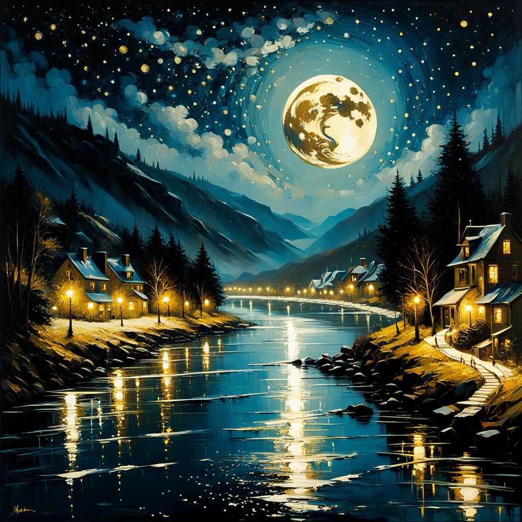 Starry Night River with Kirigami Moon Oil Painting