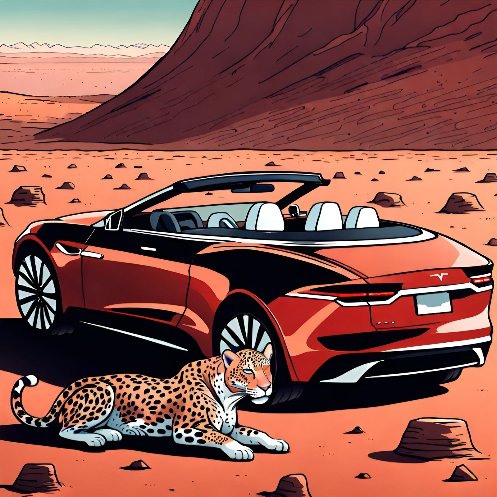 Elon Musk and his pet Jaguar riding in a convertible Tesla on Mars