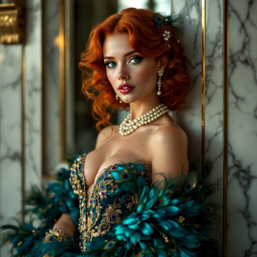 Art Deco Redhead with Peacock Gown
