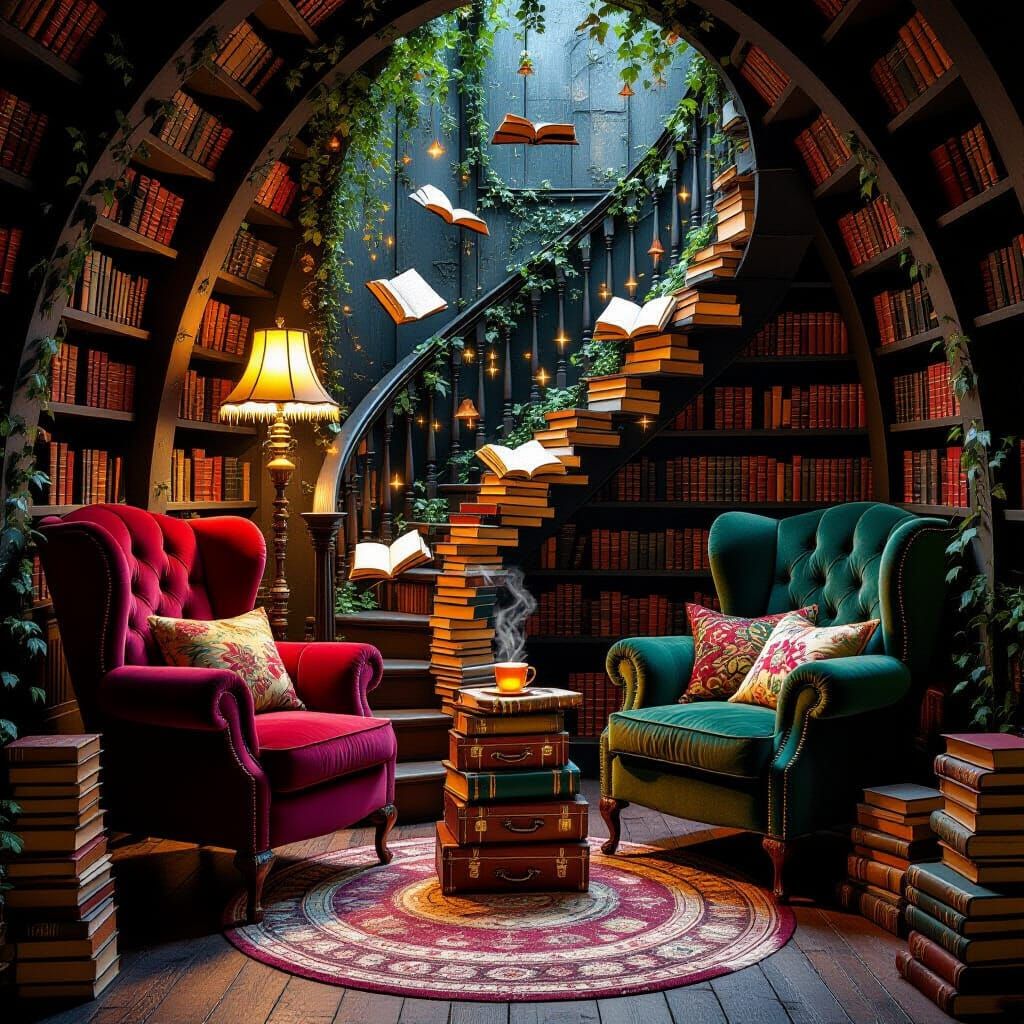 Surreal Reading Nook with Floating Books