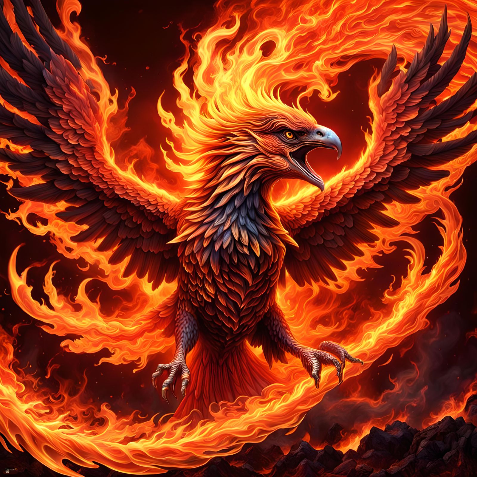 Fiery Phoenix Rising from Lava and Embers