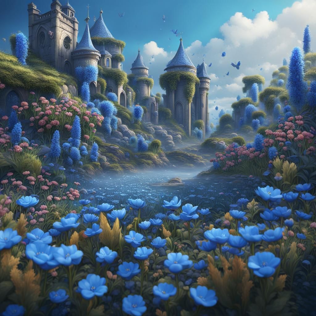 Fantastical Blue Flowers, Detailed Matte Painting