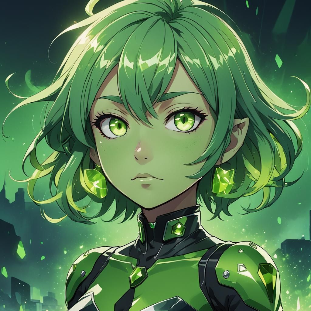 Anime-Style Portrait of a Confident Green Character