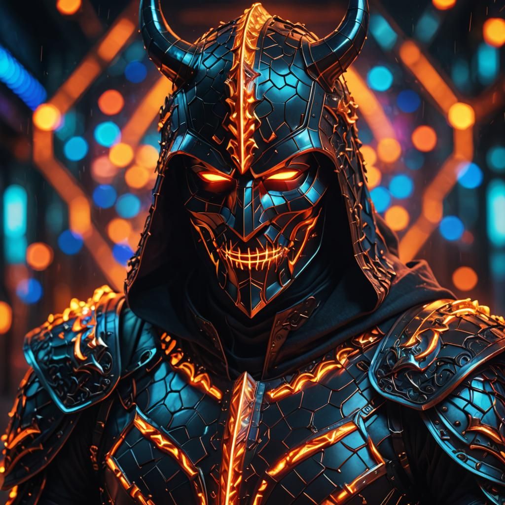 Demonic Knight Composed of Glowing Runed Cubes