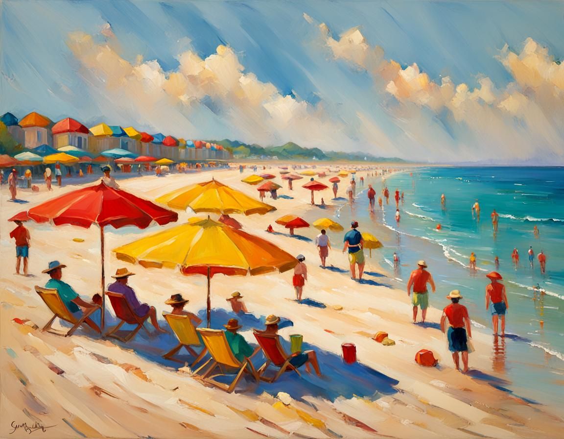 Vibrant Beach Scene with Retro Umbrellas in Warm Golden Ligh...