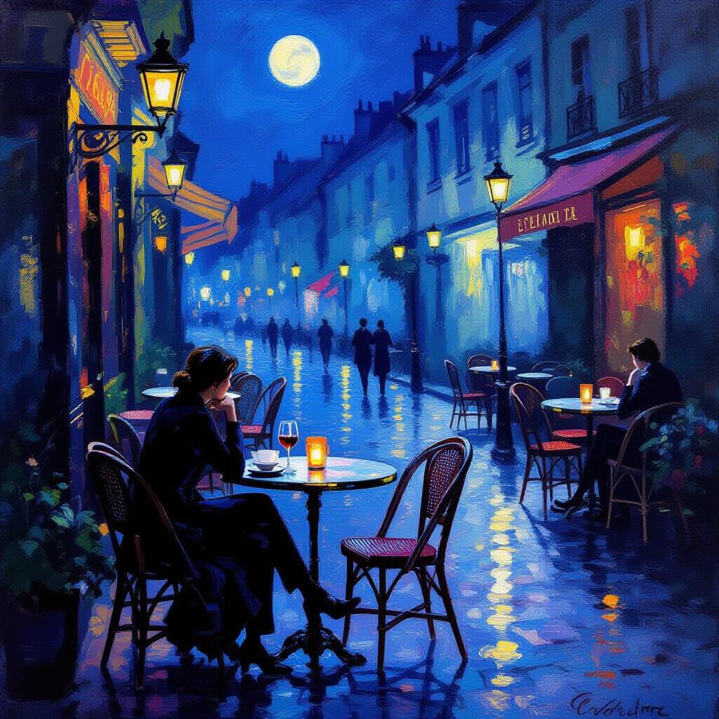 Moonlit Cafe Scene with Romantic Ambiance