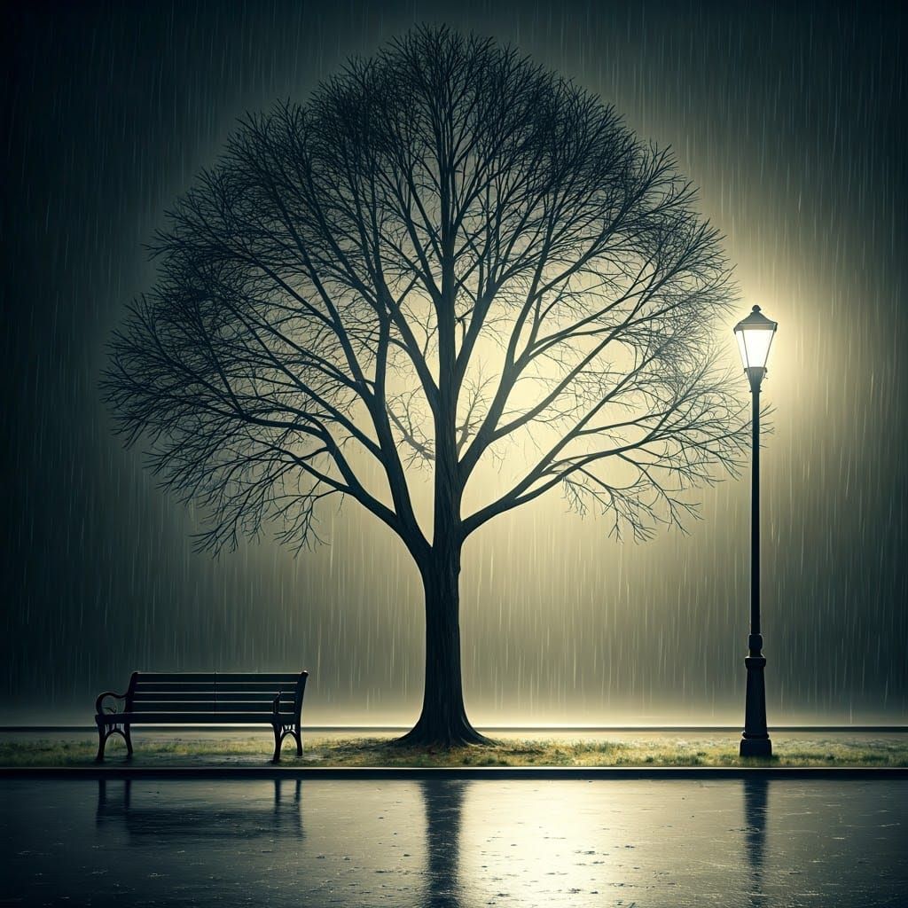 Lonely Tree in Rain: Cinematic and Dramatic Image