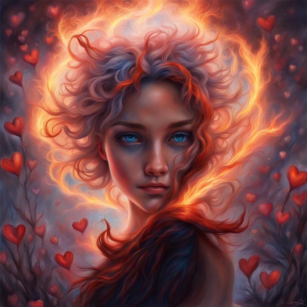 Hyperrealistic Fairy with Eyes of Fire and Blue Heart