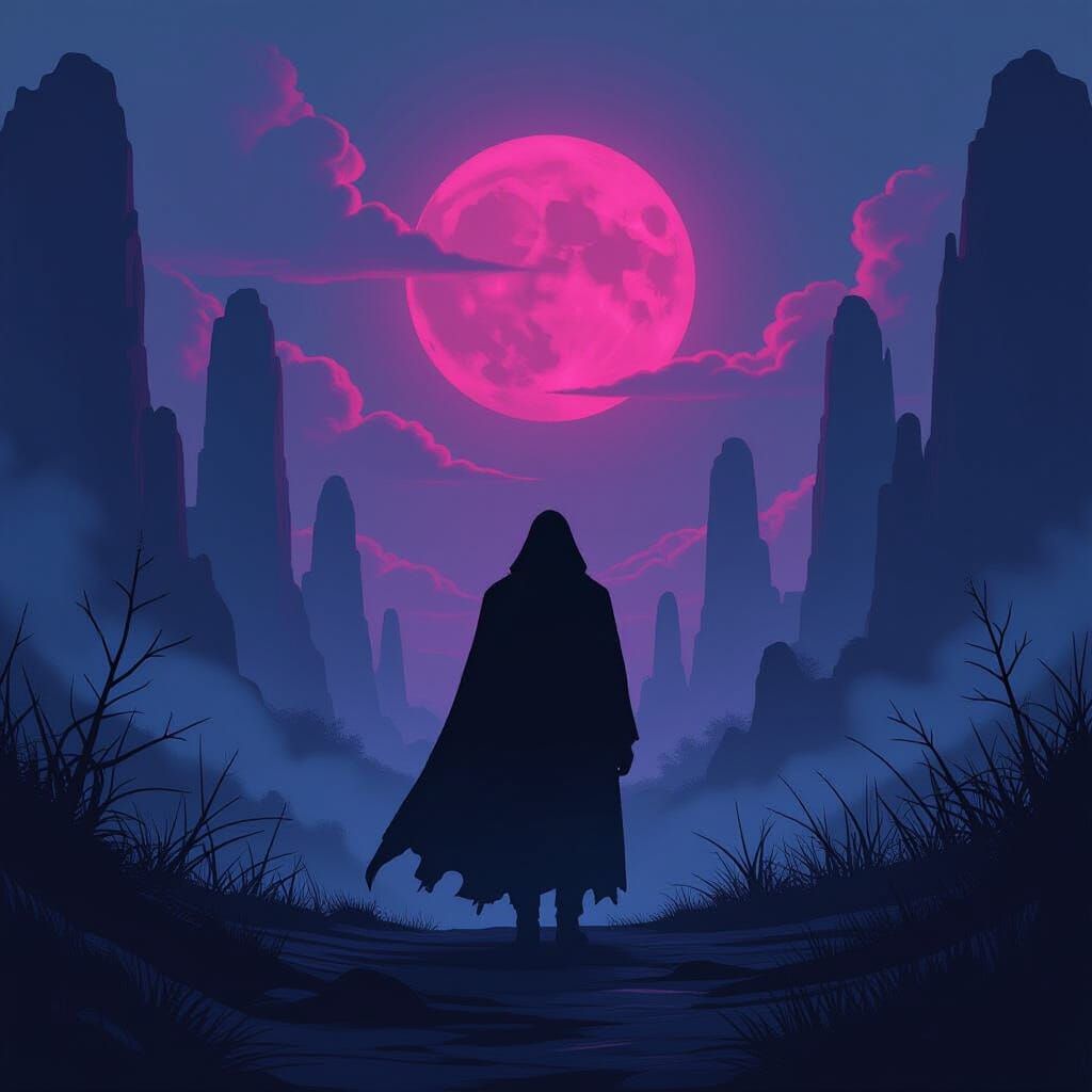 Mystical Figure in a Neon Noir Landscape