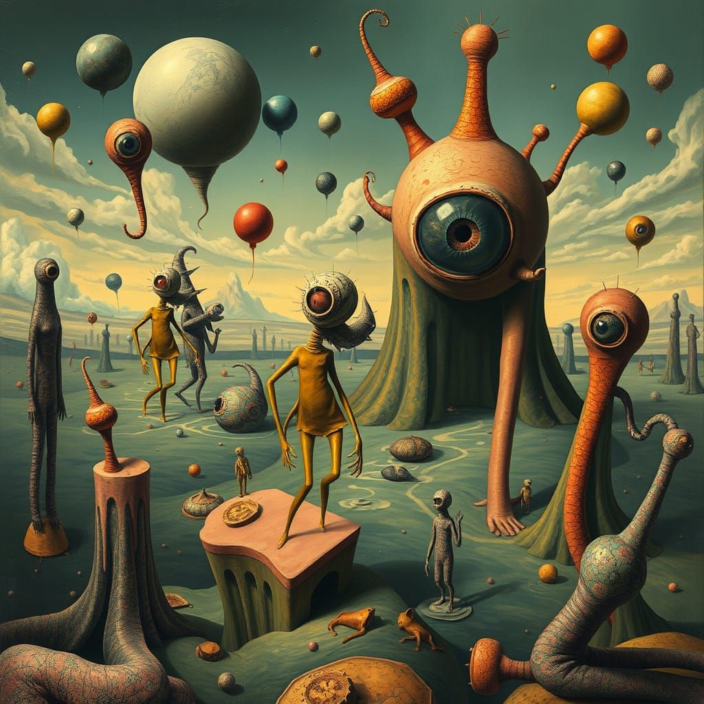 Surreal Dreamscape With Bizarre Figures and Floating Objects