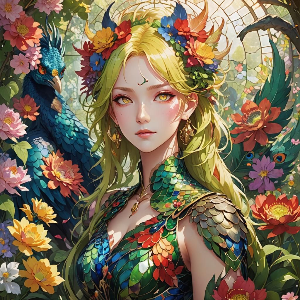Anime Dragon-Peacock Woman in Vibrant Garden